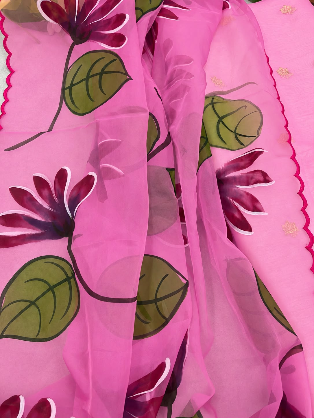 IS4B126092404 Pink Banarasi Kora Silk Booti Design Suit With Pink Hand Painted Organza Silk Scalloped Border Dupatta