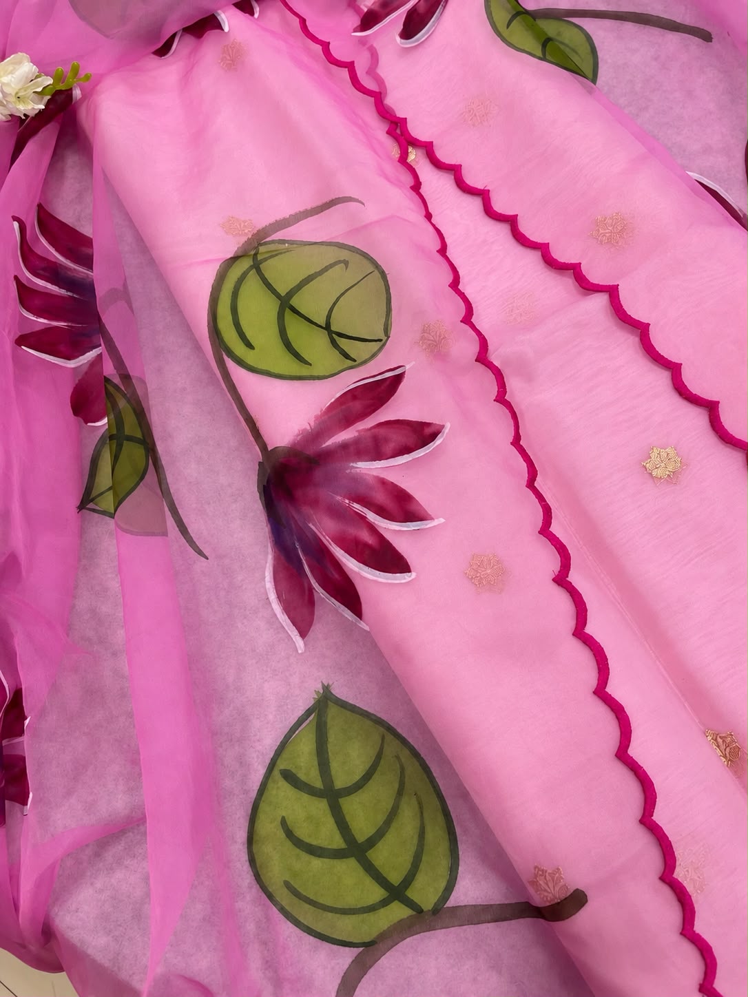 IS4B126092404 Pink Banarasi Kora Silk Booti Design Suit With Pink Hand Painted Organza Silk Scalloped Border Dupatta