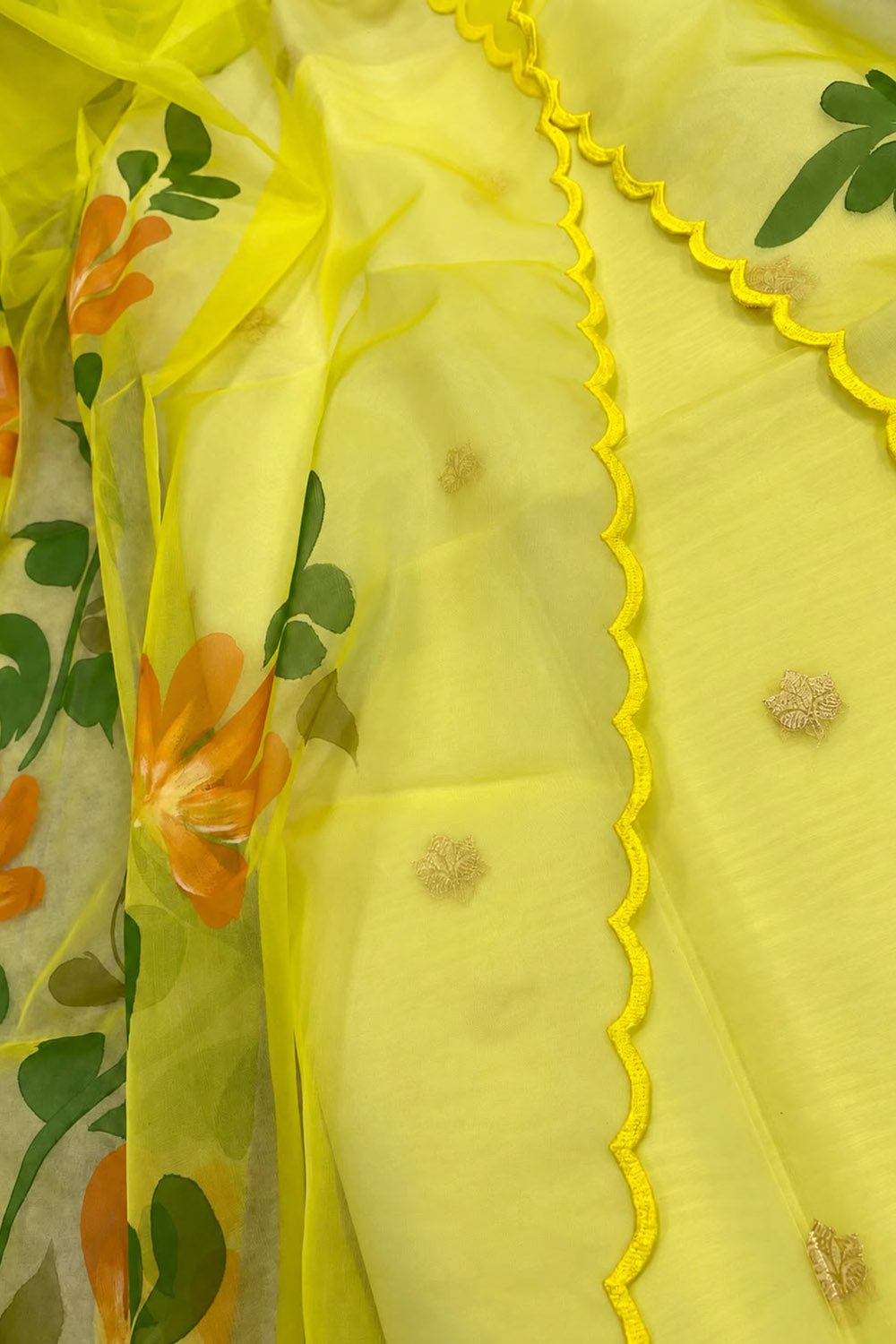 IS4B126092405 Yellow Banarasi Kora Silk Booti Design Suit With Yellow Hand Painted Organza Silk Scalloped Border Dupatta