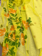 IS4B126092405 Yellow Banarasi Kora Silk Booti Design Suit With Yellow Hand Painted Organza Silk Scalloped Border Dupatta