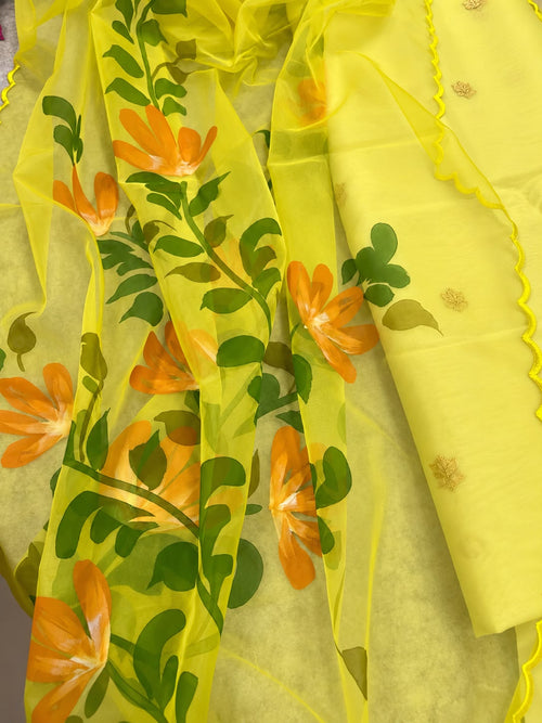 IS4B126092405 Yellow Banarasi Kora Silk Booti Design Suit With Yellow Hand Painted Organza Silk Scalloped Border Dupatta