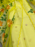 IS4B126092405 Yellow Banarasi Kora Silk Booti Design Suit With Yellow Hand Painted Organza Silk Scalloped Border Dupatta