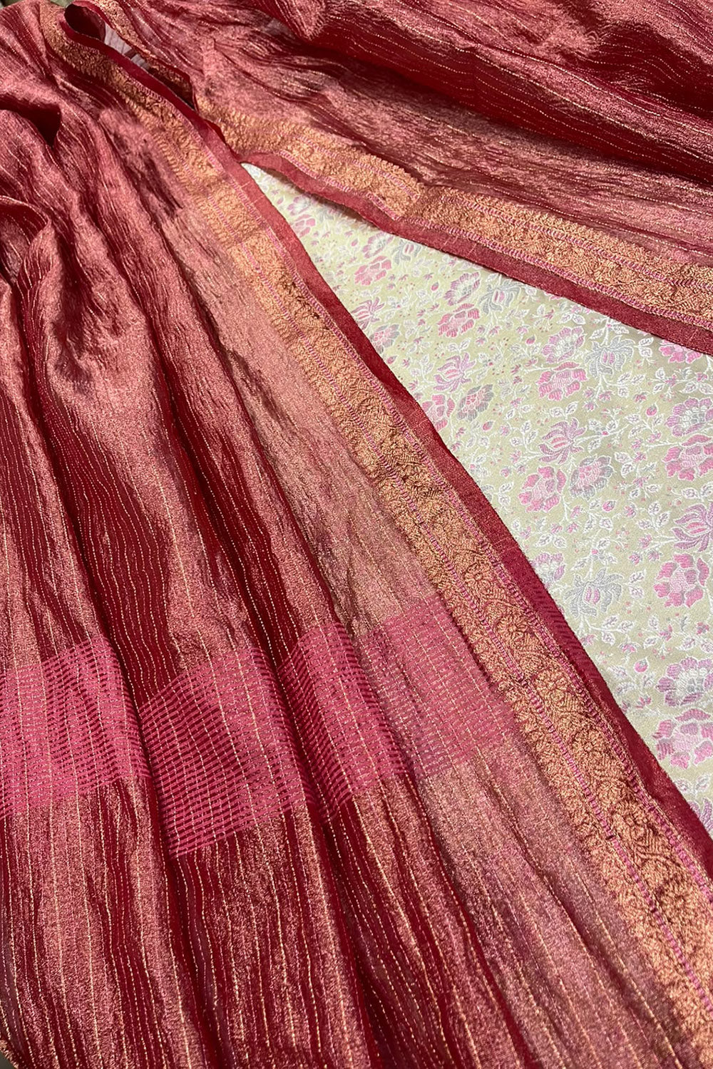Pastel Handloom Banarasi Tanchui Silk Suit With Red Banarasi Tissue Silk Dupatta IS4B126100703