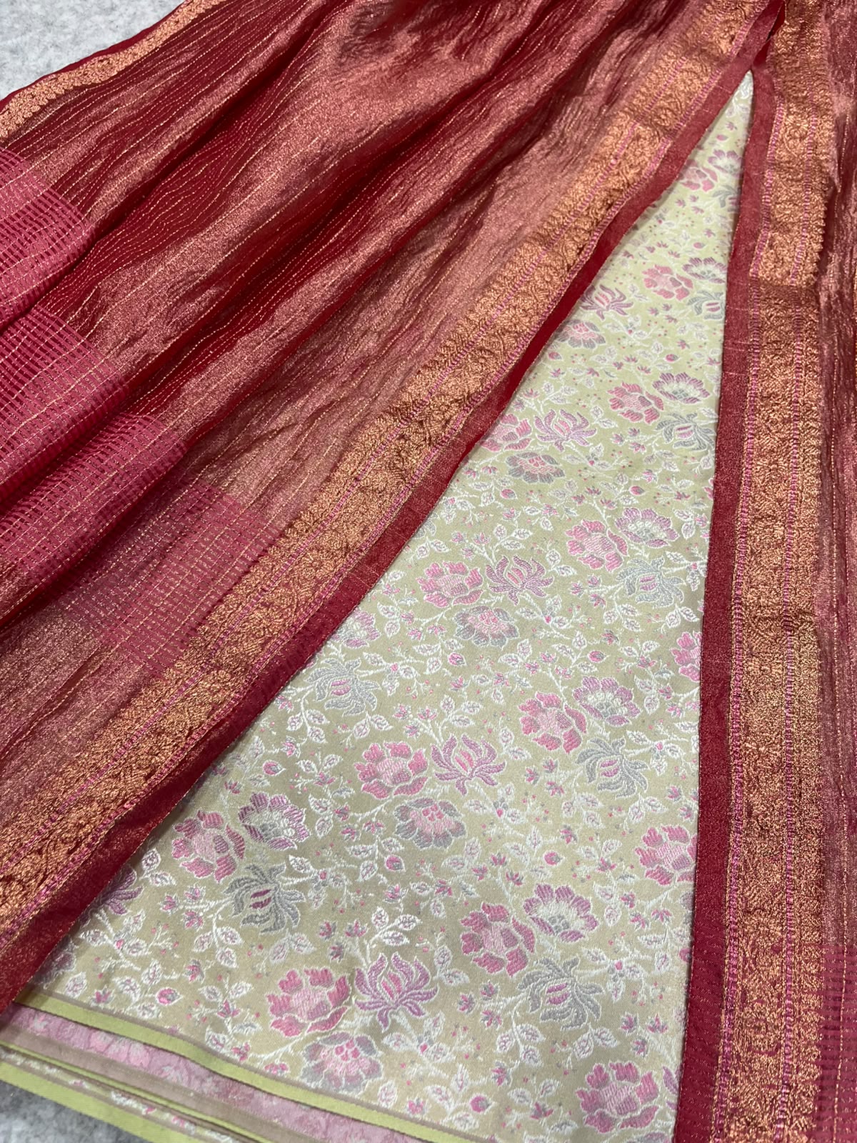 Pastel Handloom Banarasi Tanchui Silk Suit With Red Banarasi Tissue Silk Dupatta IS4B126100703