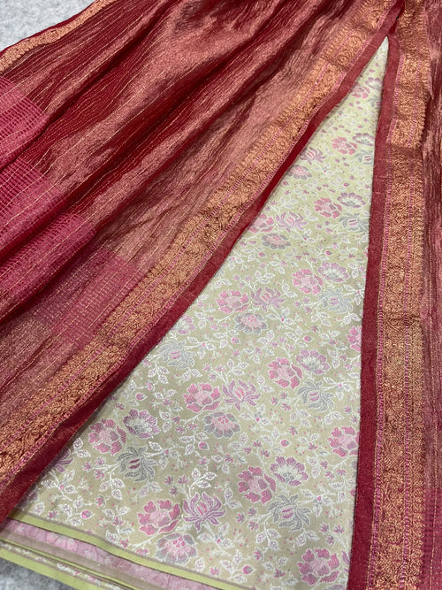 Pastel Handloom Banarasi Tanchui Silk Suit With Red Banarasi Tissue Silk Dupatta IS4B126100703