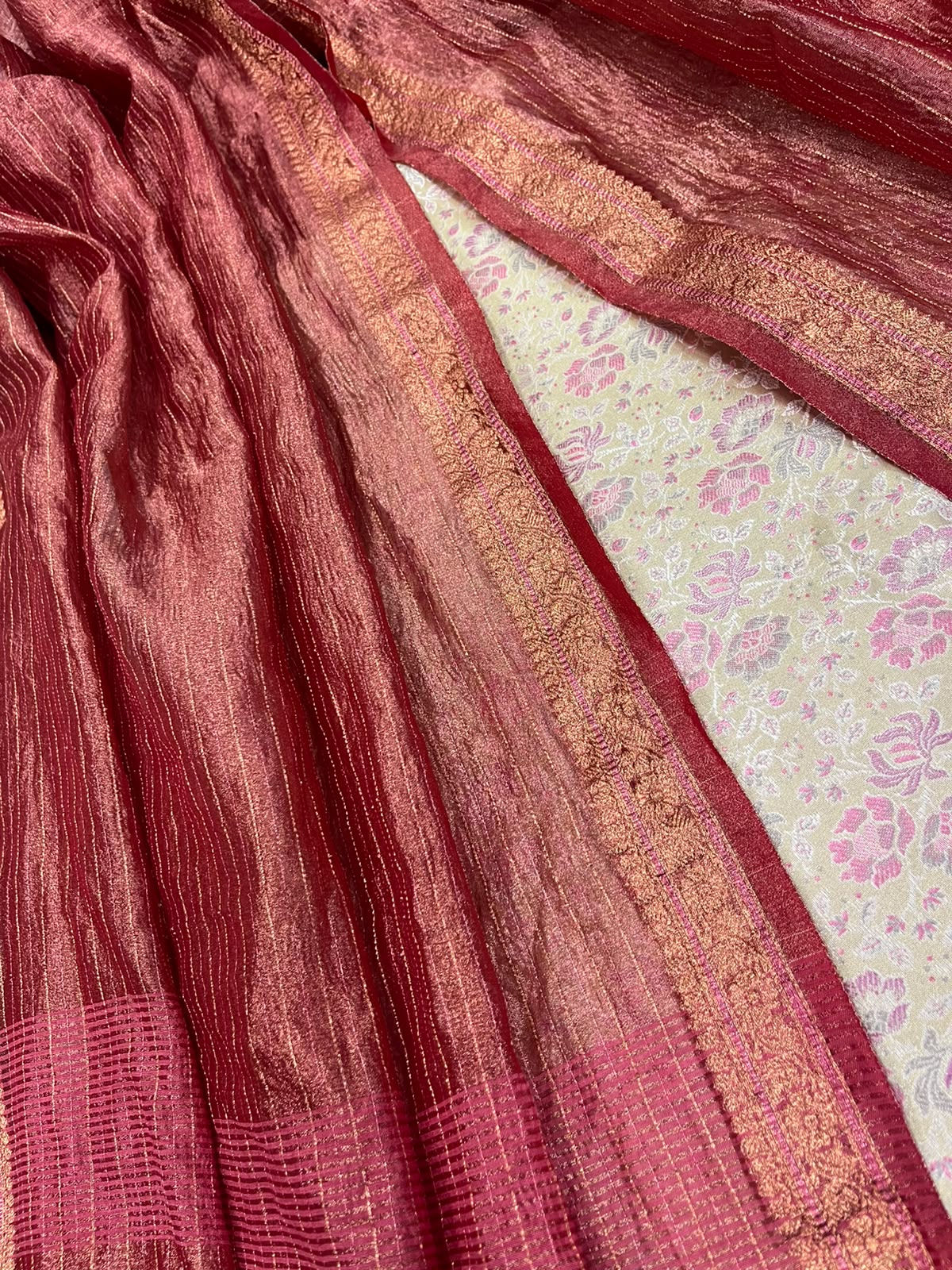 Pastel Handloom Banarasi Tanchui Silk Suit With Red Banarasi Tissue Silk Dupatta IS4B126100703