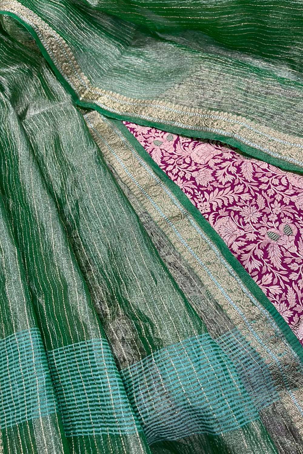 Purple Banarasi Katan Silk Meenakari Double Zari Fabric Brocade Bridal Suit With Green Banarasi Tissue Silk Dupatta IS4B126100707