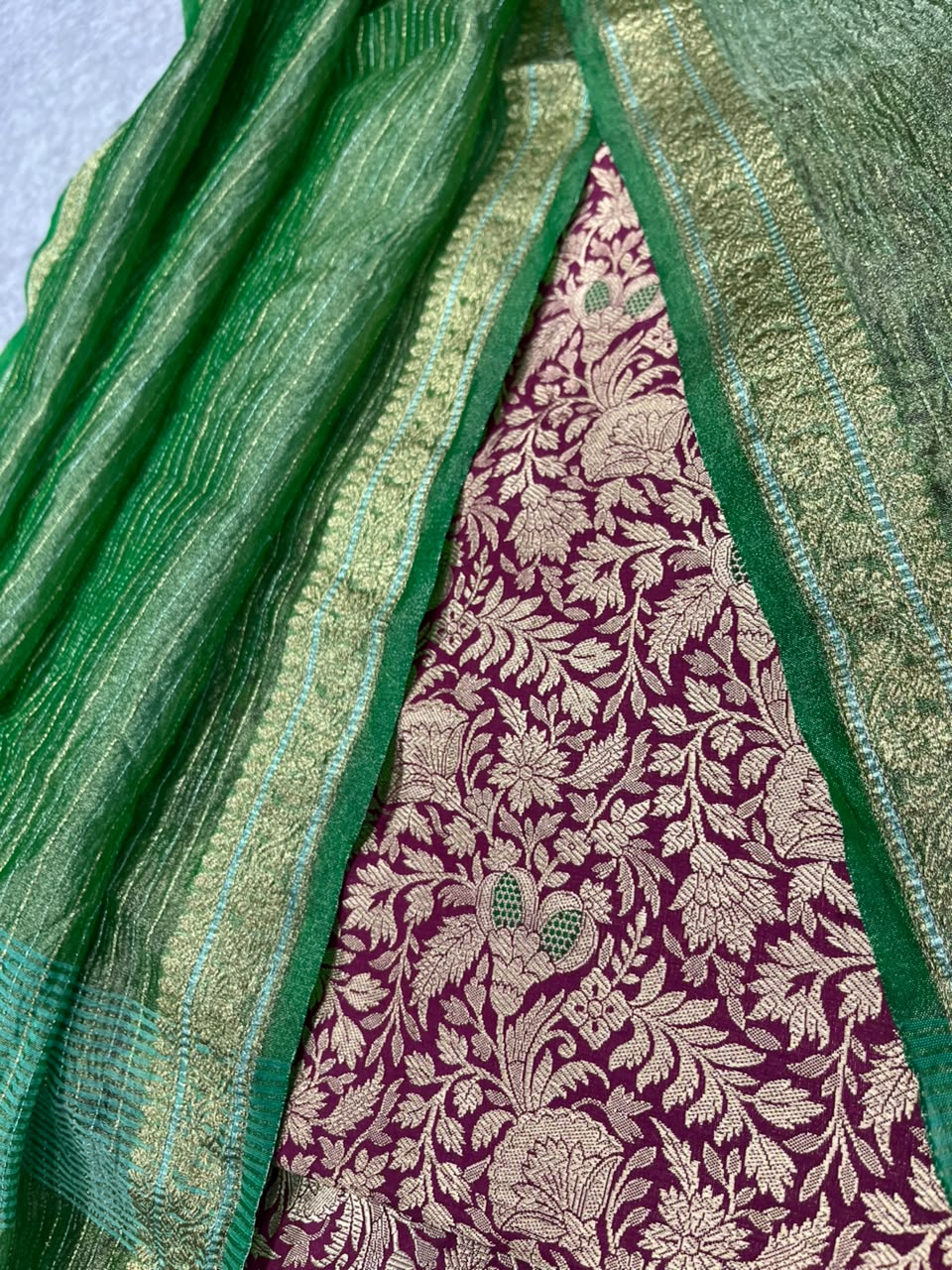 Purple Banarasi Katan Silk Meenakari Double Zari Fabric Brocade Bridal Suit With Green Banarasi Tissue Silk Dupatta IS4B126100707