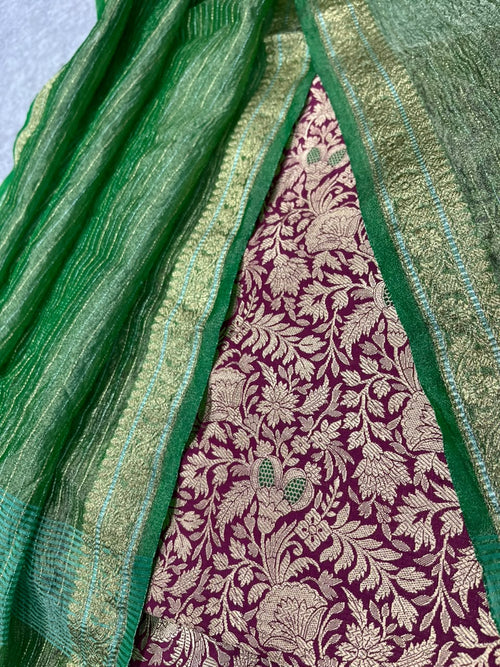 Purple Banarasi Katan Silk Meenakari Double Zari Fabric Brocade Bridal Suit With Green Banarasi Tissue Silk Dupatta IS4B126100707