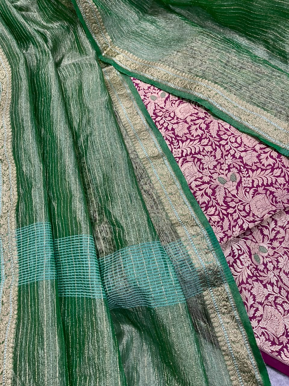 Purple Banarasi Katan Silk Meenakari Double Zari Fabric Brocade Bridal Suit With Green Banarasi Tissue Silk Dupatta IS4B126100707