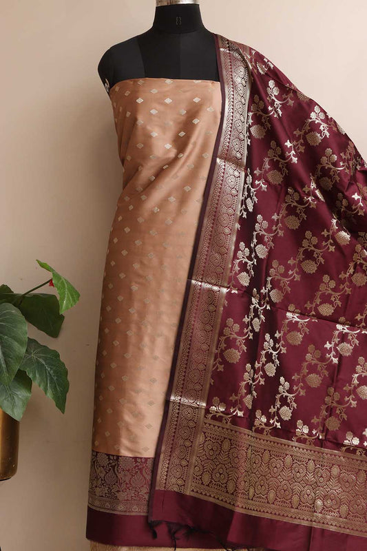 Pastel Banarasi Silk Unstitched Three Piece Suit Set - Luxurion World