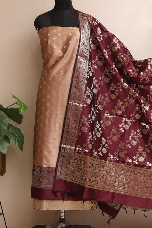 Pastel Banarasi Silk Unstitched Three Piece Suit Set - Luxurion World