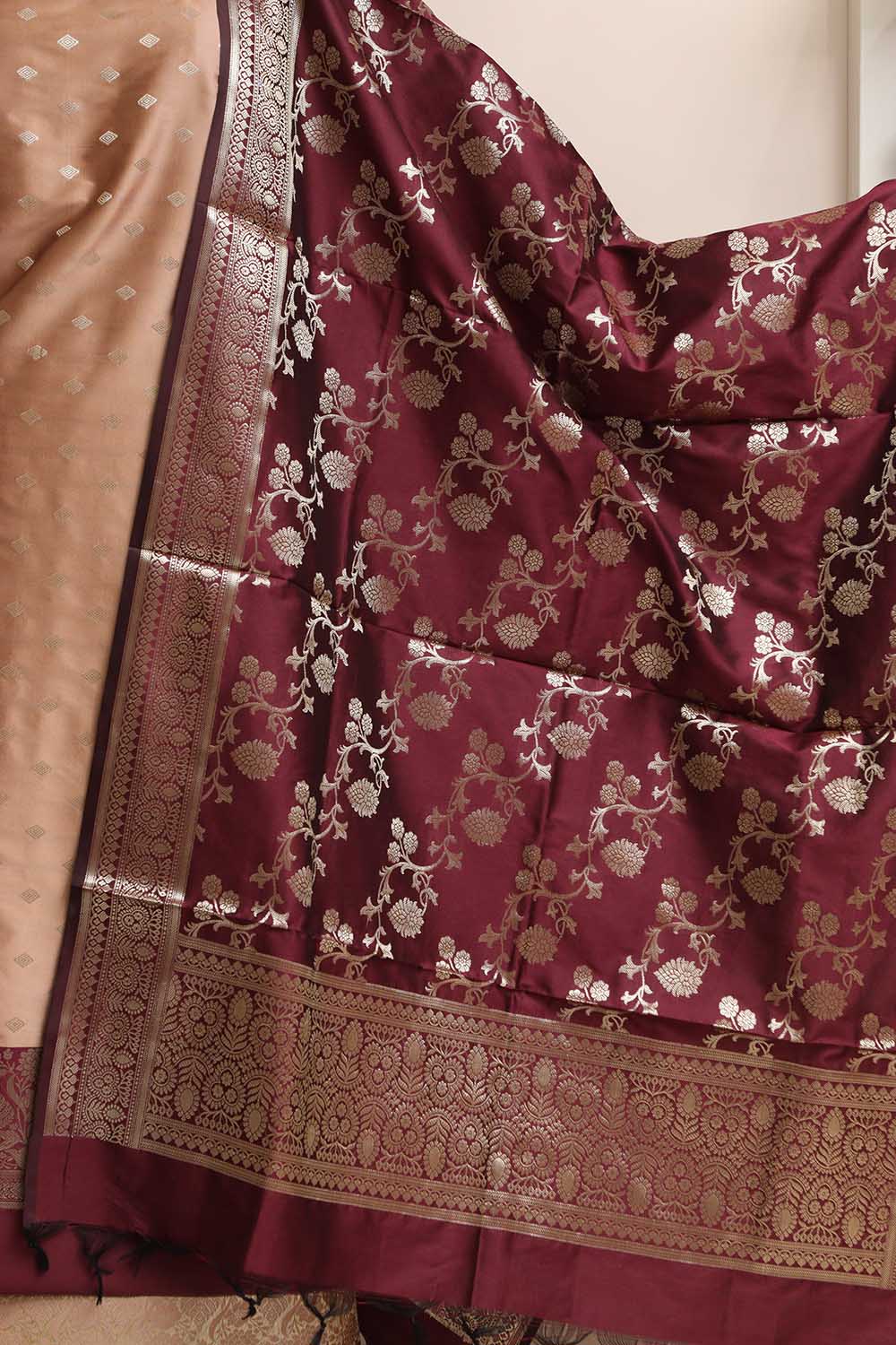 Pastel Banarasi Silk Unstitched Three Piece Suit Set - Luxurion World