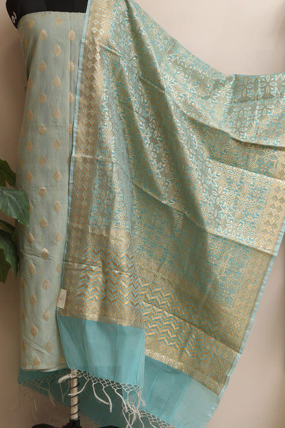 Greenish Grey Banarasi Chanderi Silk Three Piece Unstitched Suit Set - Luxurion World