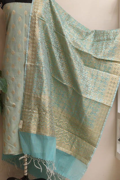 Greenish Grey Banarasi Chanderi Silk Three Piece Unstitched Suit Set - Luxurion World