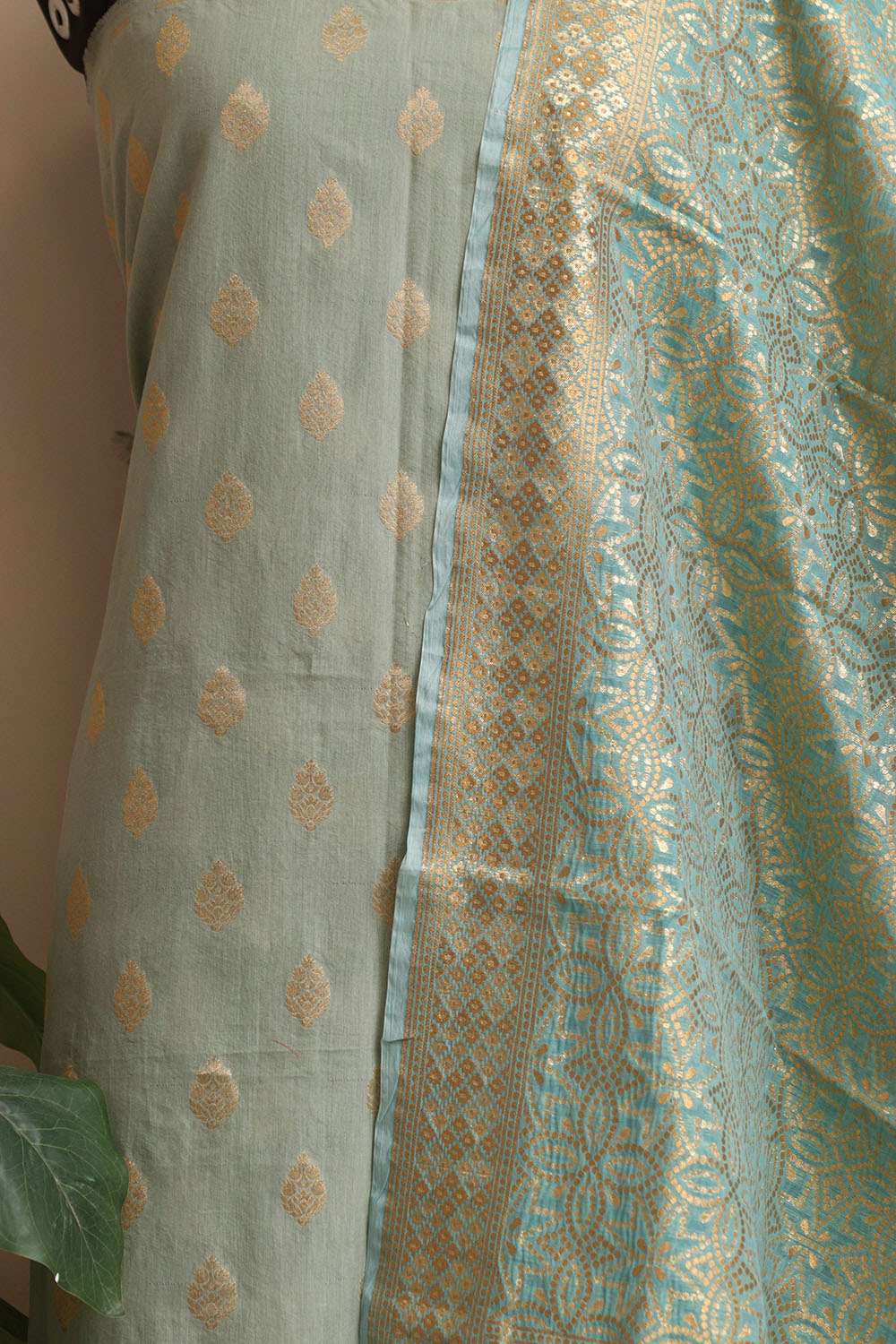 Greenish Grey Banarasi Chanderi Silk Three Piece Unstitched Suit Set - Luxurion World