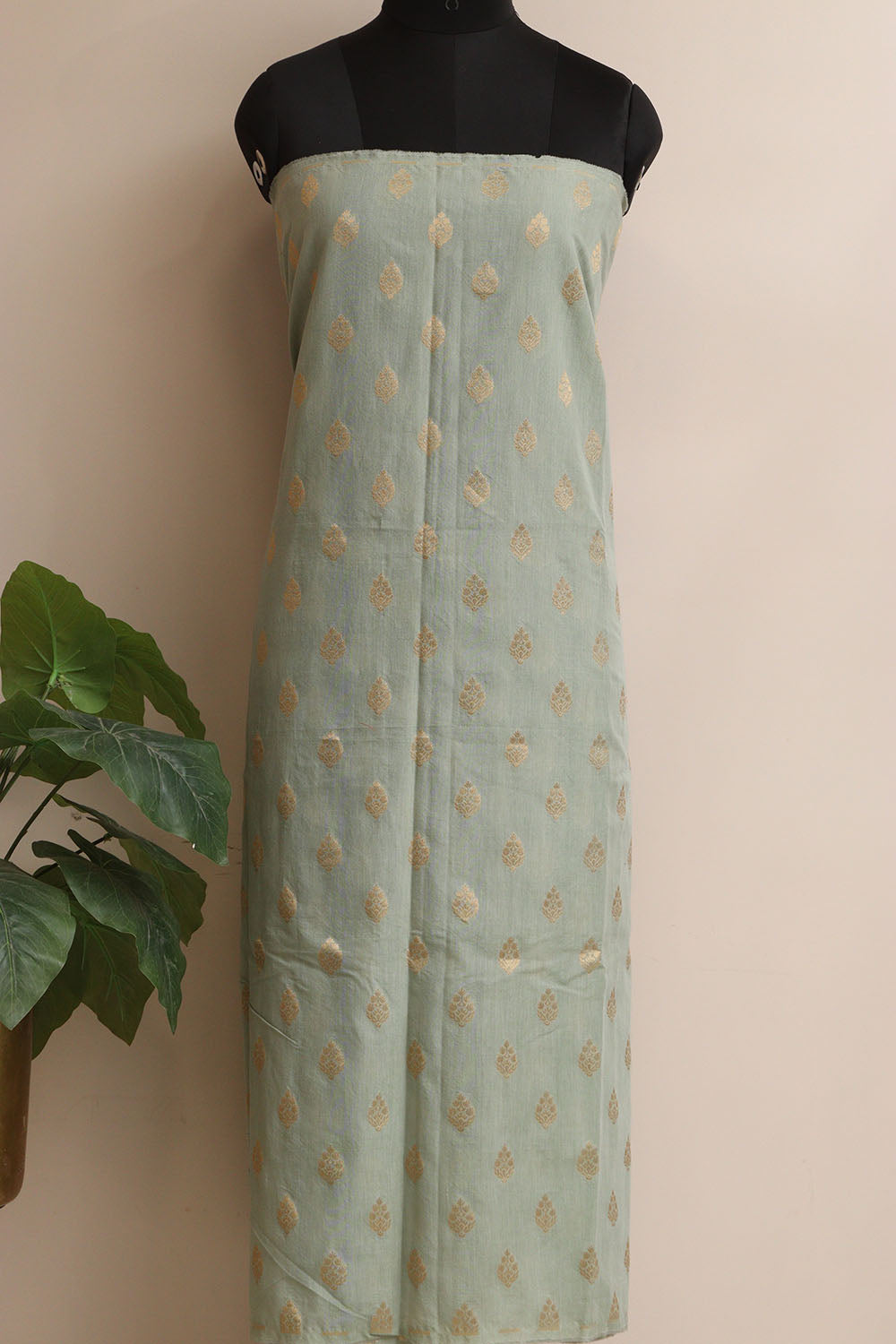 Greenish Grey Banarasi Chanderi Silk Three Piece Unstitched Suit Set - Luxurion World