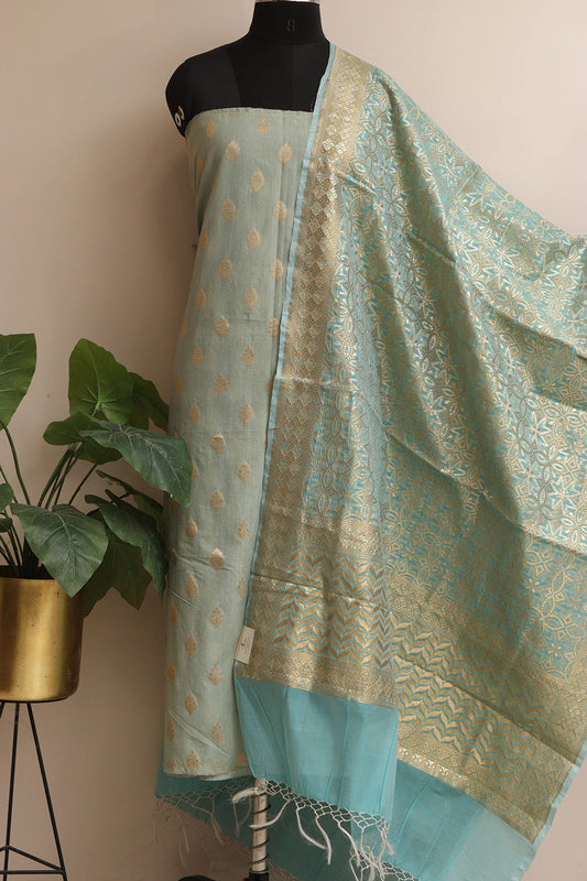 Greenish Grey Banarasi Chanderi Silk Three Piece Unstitched Suit Set - Luxurion World