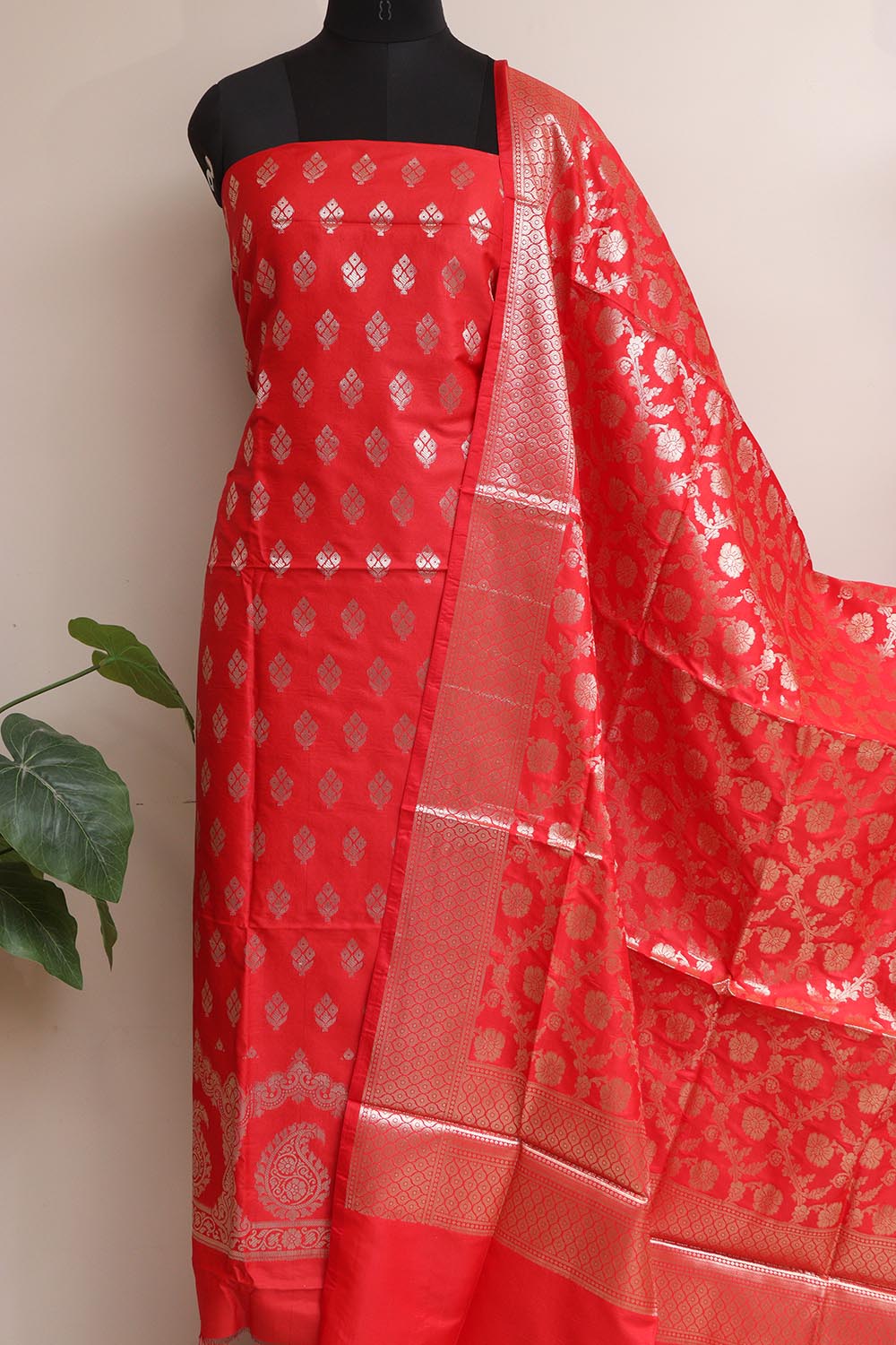 Stunning Red Banarasi Silk Three Piece Unstitched Suit Set - Luxurion World