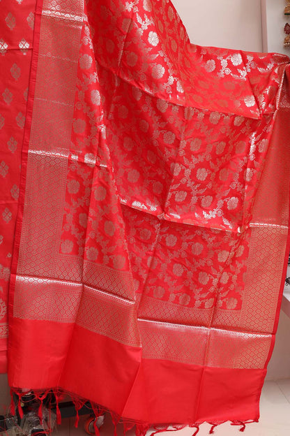 Stunning Red Banarasi Silk Three Piece Unstitched Suit Set - Luxurion World