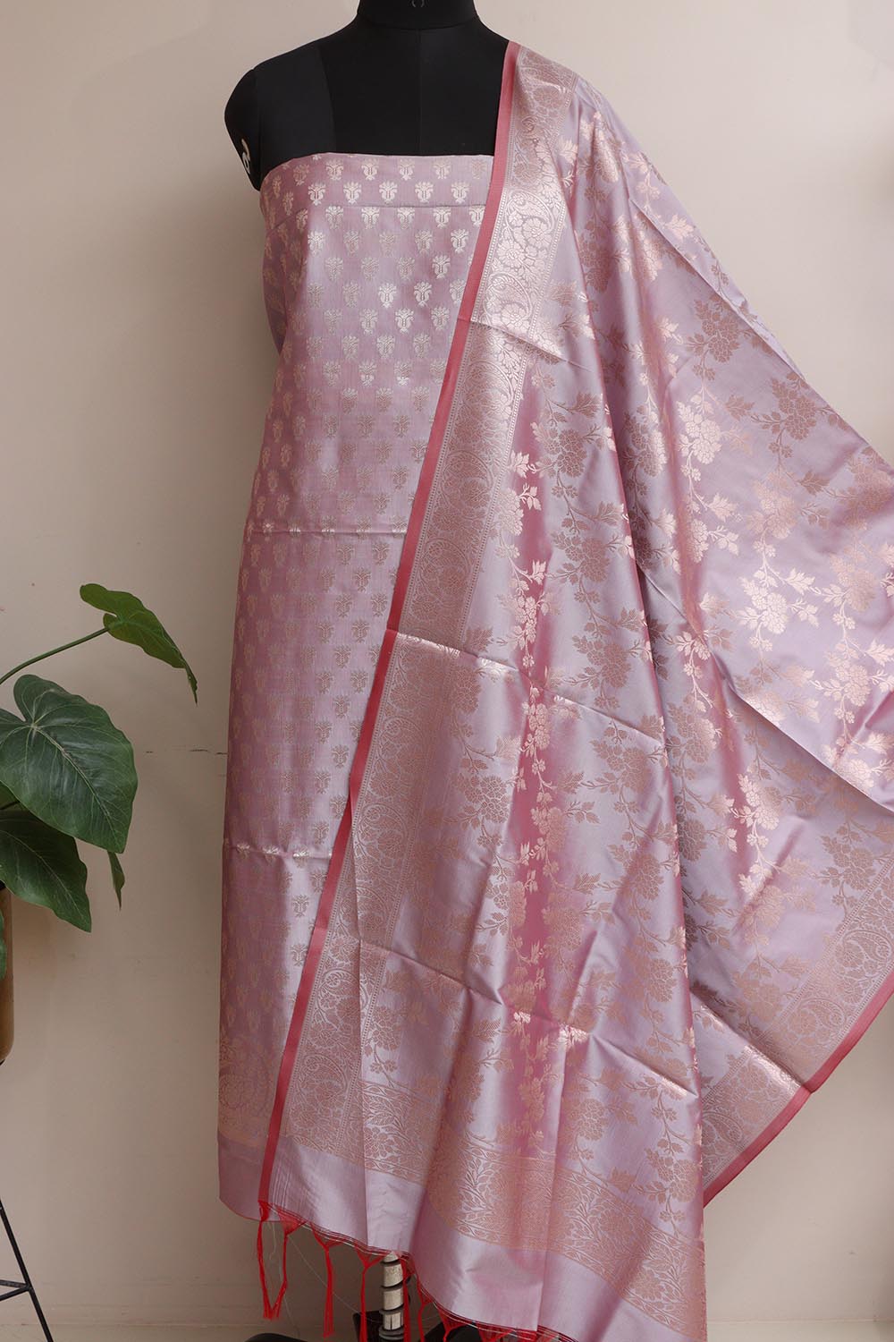 Stunning Pink Banarasi Silk Three Piece Unstitched Suit Set - Luxurion World