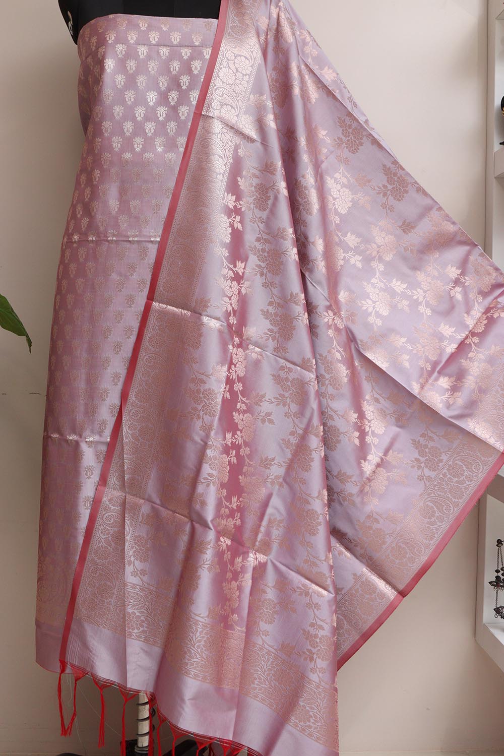 Stunning Pink Banarasi Silk Three Piece Unstitched Suit Set - Luxurion World