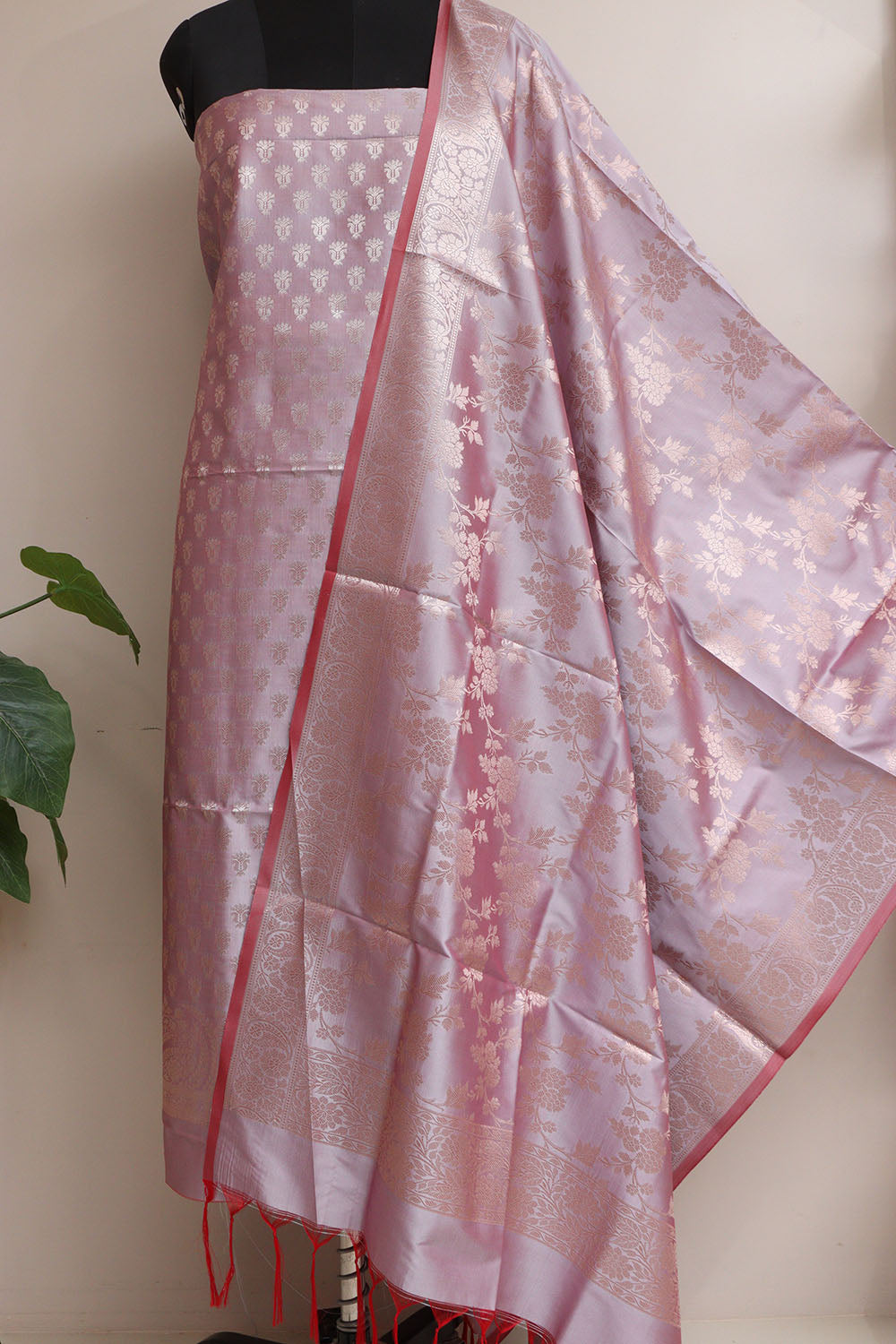 Stunning Pink Banarasi Silk Three Piece Unstitched Suit Set - Luxurion World