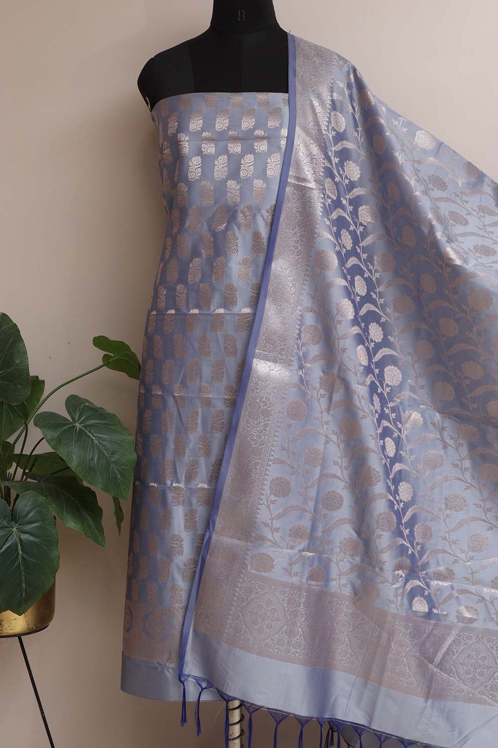 Blue Banarasi Silk Three Piece Unstitched Suit Set - Luxurion World