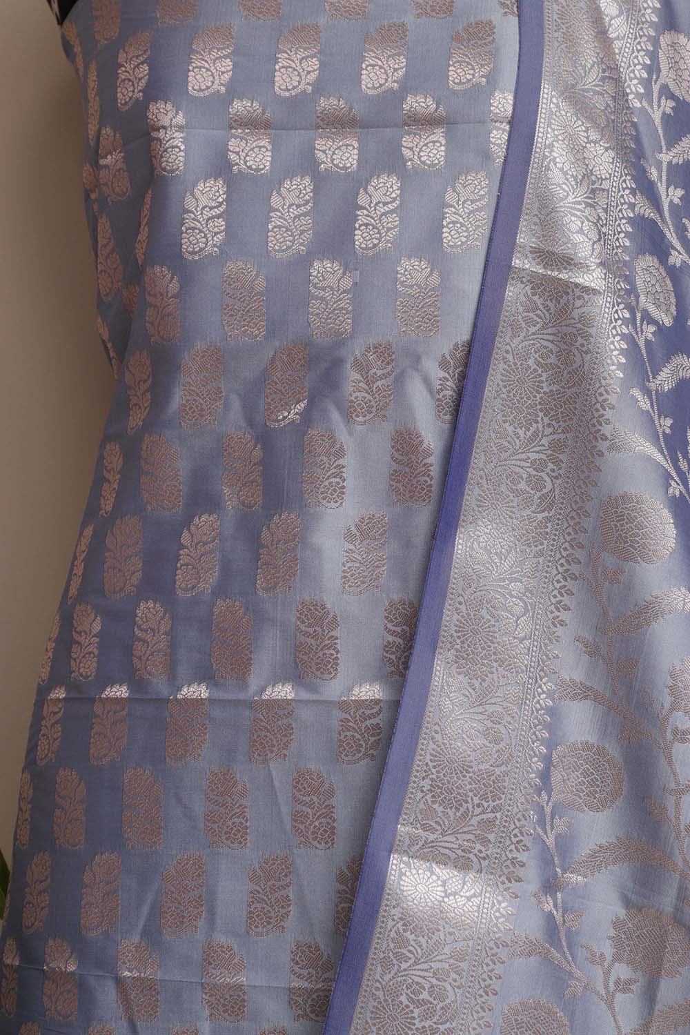 Blue Banarasi Silk Three Piece Unstitched Suit Set - Luxurion World