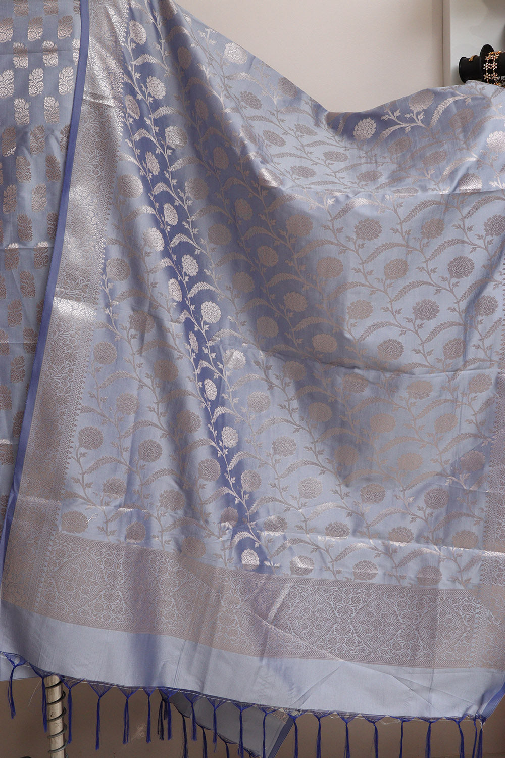 Blue Banarasi Silk Three Piece Unstitched Suit Set - Luxurion World