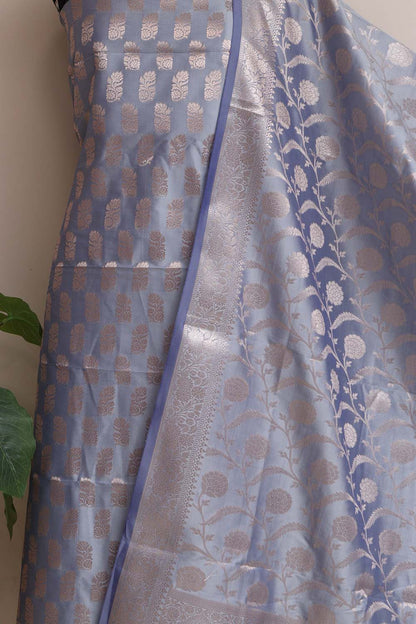 Blue Banarasi Silk Three Piece Unstitched Suit Set - Luxurion World