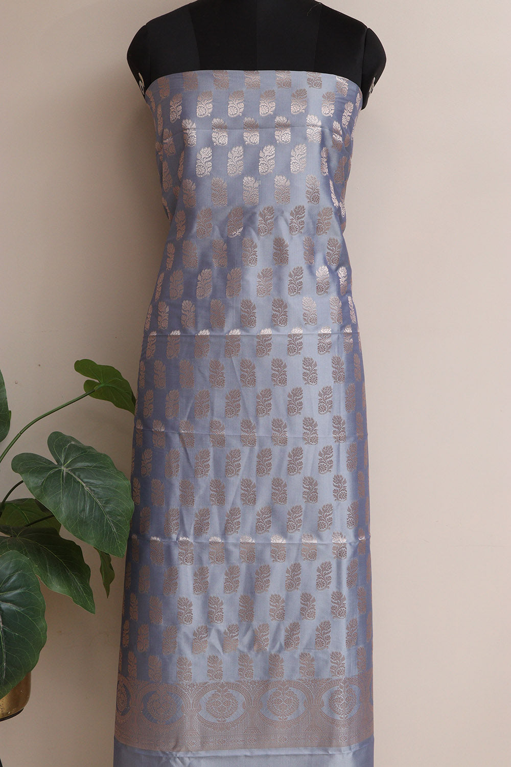 Blue Banarasi Silk Three Piece Unstitched Suit Set - Luxurion World