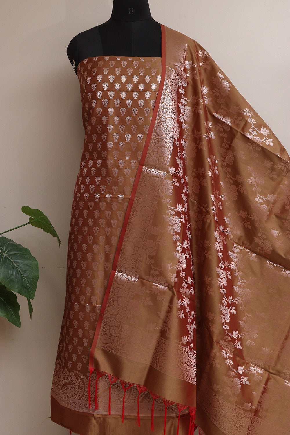 Elegant Brown Banarasi Silk Three Piece Unstitched Suit Set - Luxurion World