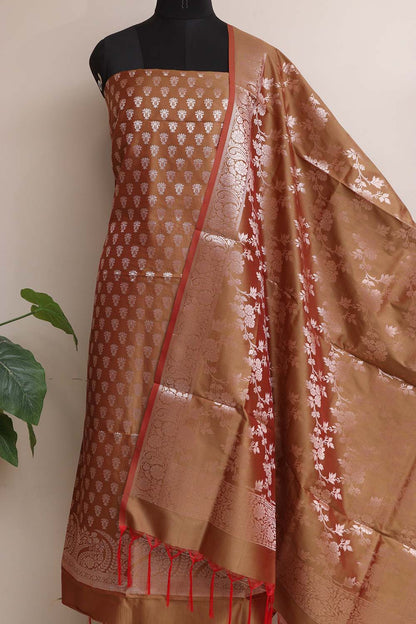 Elegant Brown Banarasi Silk Three Piece Unstitched Suit Set - Luxurion World