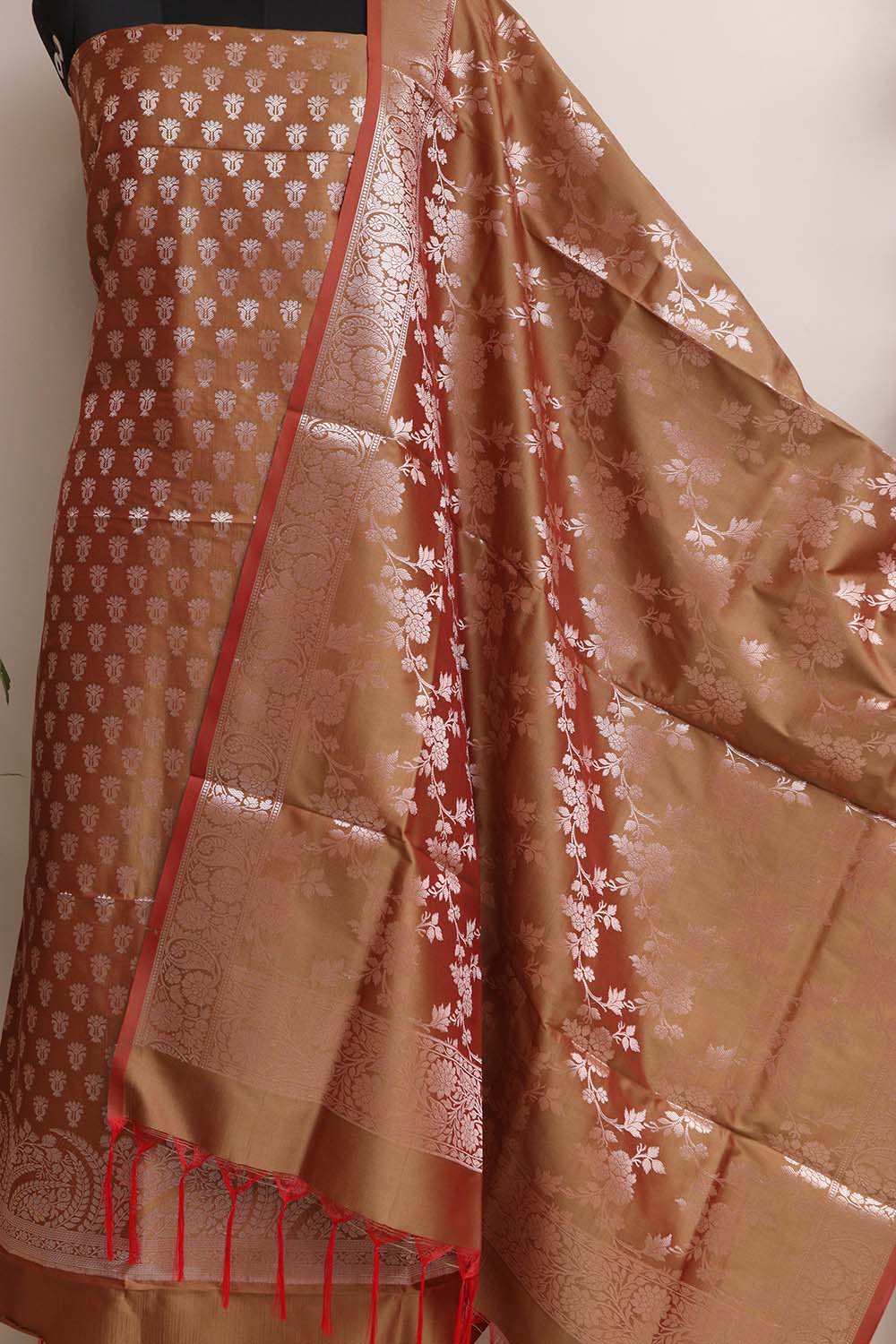 Elegant Brown Banarasi Silk Three Piece Unstitched Suit Set - Luxurion World