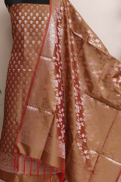 Elegant Brown Banarasi Silk Three Piece Unstitched Suit Set - Luxurion World