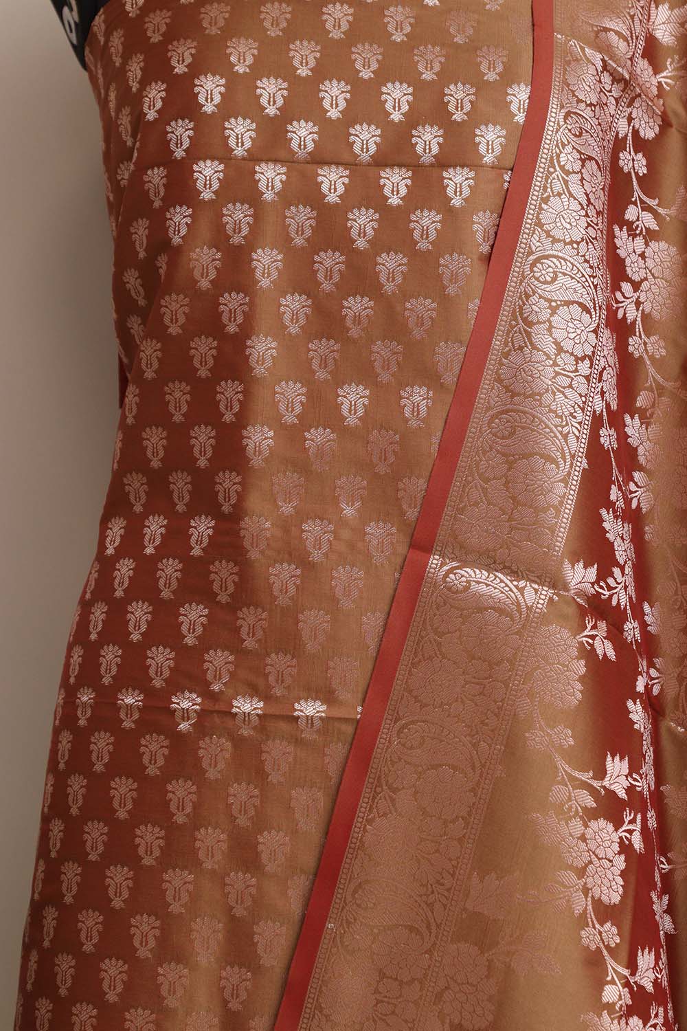 Elegant Brown Banarasi Silk Three Piece Unstitched Suit Set - Luxurion World