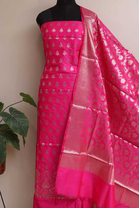 Stunning Pink Banarasi Silk Three Piece Unstitched Suit Set - Luxurion World