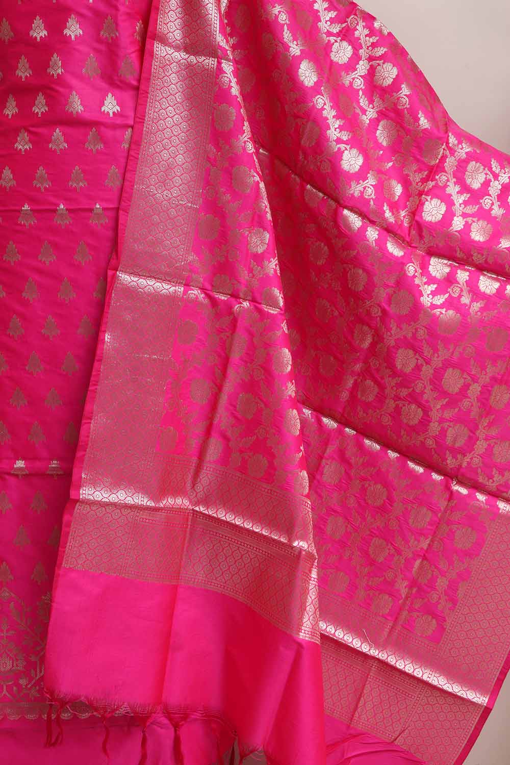 Stunning Pink Banarasi Silk Three Piece Unstitched Suit Set - Luxurion World