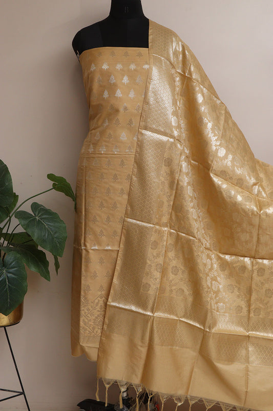 Pastel Banarasi Silk Three Piece Unstitched Suit Set - Luxurion World