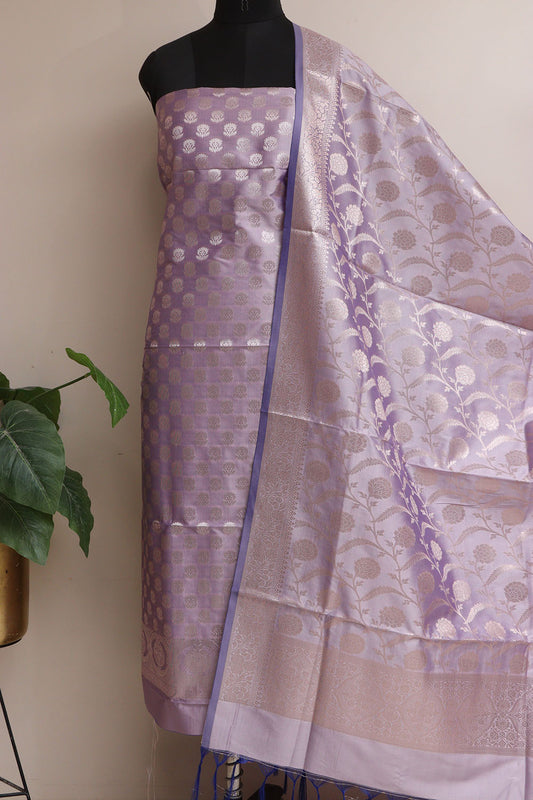Elegant Purple Banarasi Silk Three Piece Unstitched Suit Set - Luxurion World