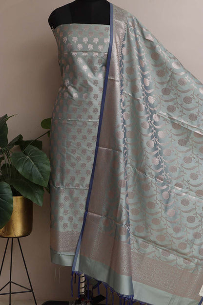 Elegant Grey Banarasi Silk Three Piece Unstitched Suit Set - Luxurion World