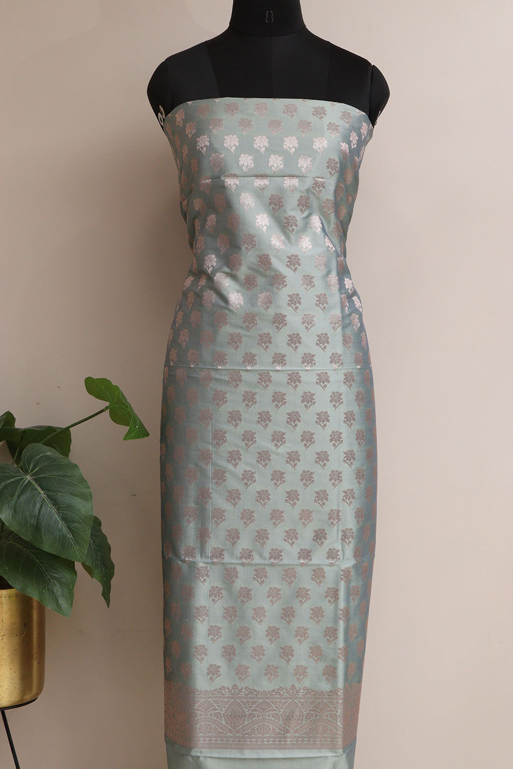 Elegant Grey Banarasi Silk Three Piece Unstitched Suit Set - Luxurion World