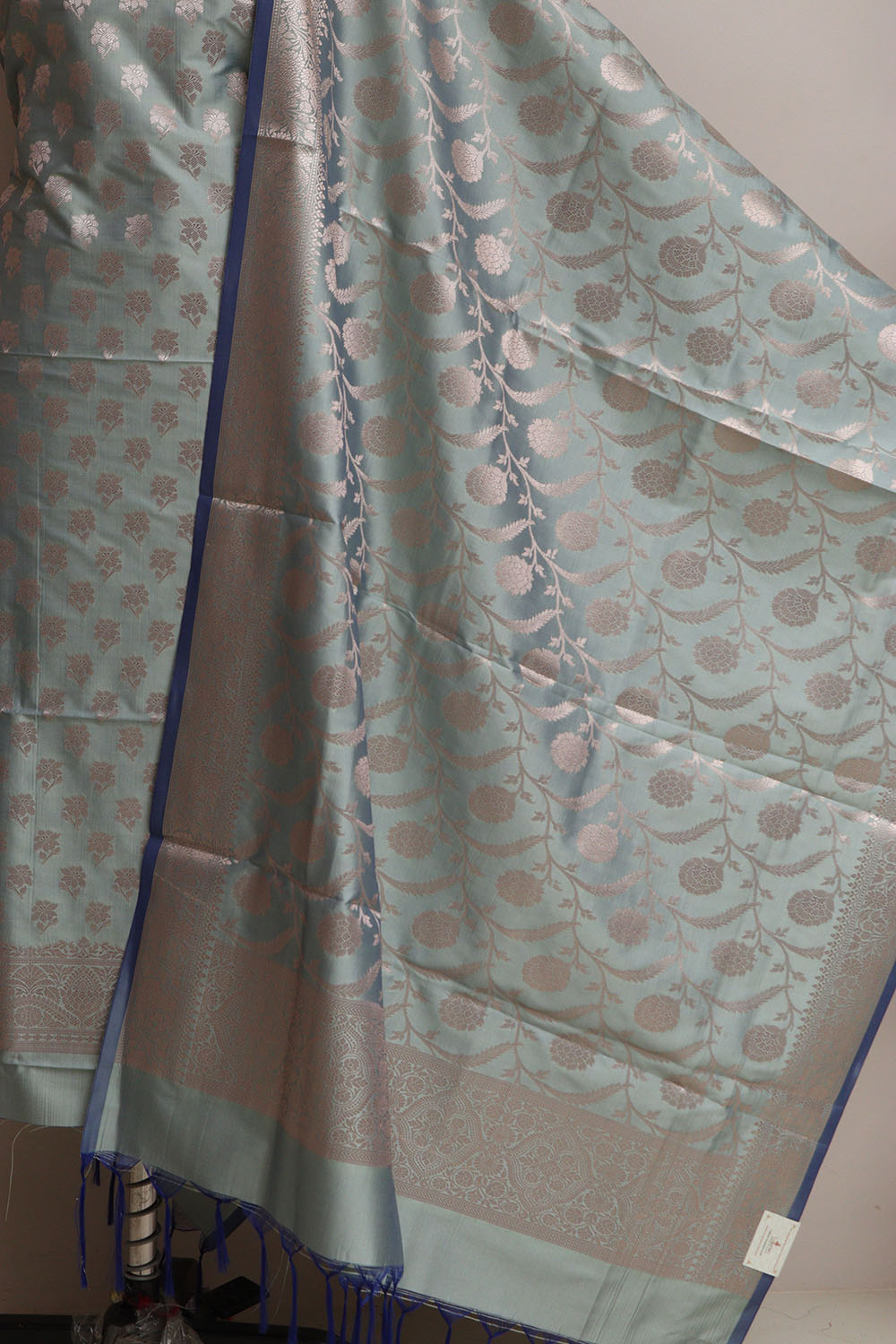 Elegant Grey Banarasi Silk Three Piece Unstitched Suit Set - Luxurion World