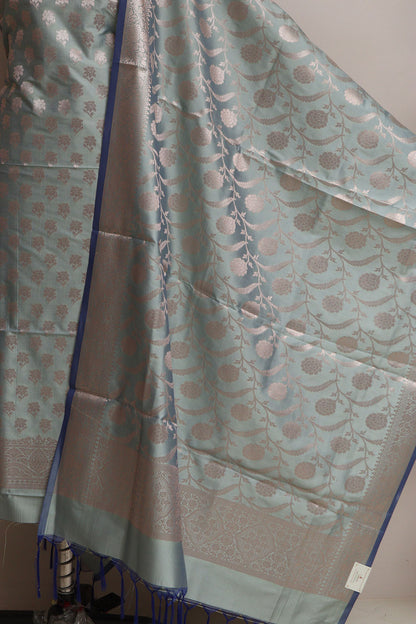 Elegant Grey Banarasi Silk Three Piece Unstitched Suit Set - Luxurion World