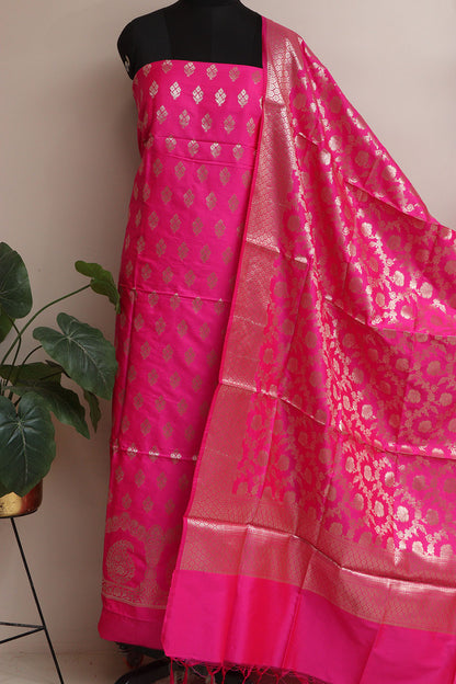 Elegant Pink Banarasi Silk Three Piece Unstitched Suit Set - Luxurion World