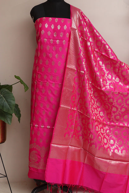 Elegant Pink Banarasi Silk Three Piece Unstitched Suit Set - Luxurion World