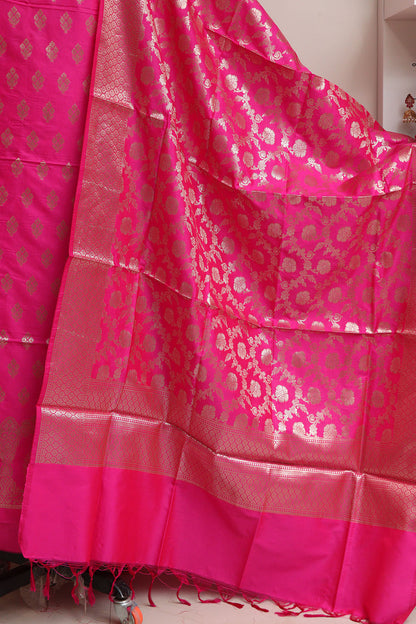 Elegant Pink Banarasi Silk Three Piece Unstitched Suit Set - Luxurion World