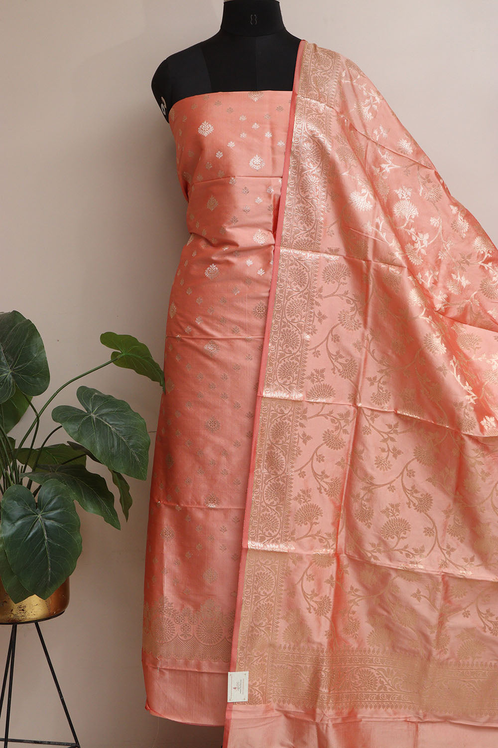 Peach Banarasi Silk Three Piece Unstitched Suit Set - Luxurion World