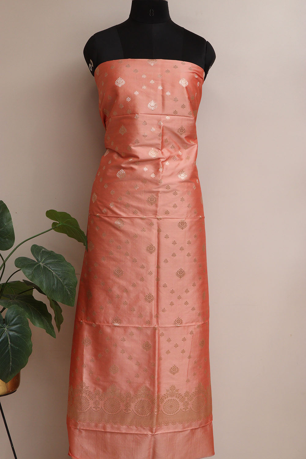 Peach Banarasi Silk Three Piece Unstitched Suit Set - Luxurion World